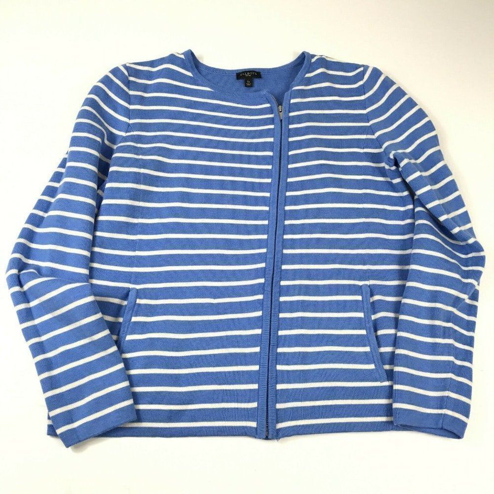 Talbots Womens Cardigan Sweater Full Zip Blue White Striped Knit Long Sleeve PS